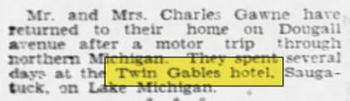 Hotel Saugatuck (Twin Gables Hotel) - July 1929 Ad